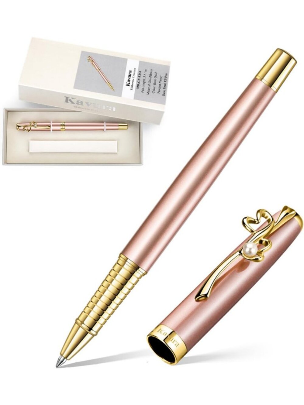 Elegant Rose Gold Heart & Pearl Rollerball Pen Gift Set for Women - Perfect for